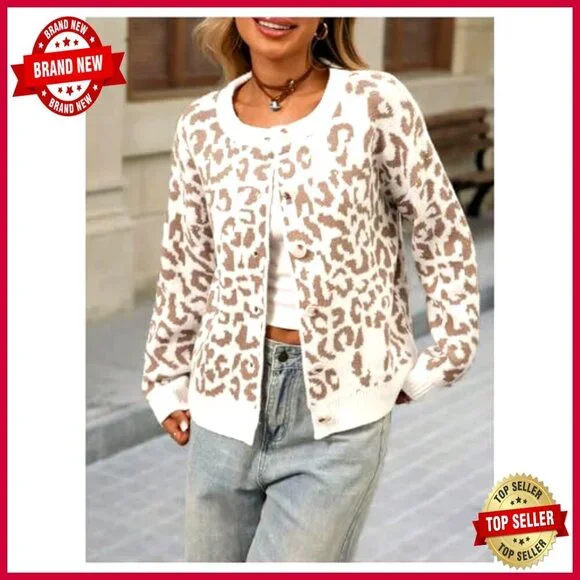 Leopard Print Cardigan Button Down Long Sleeve Crew Neck Sweater Tops - Picture 4 of 5